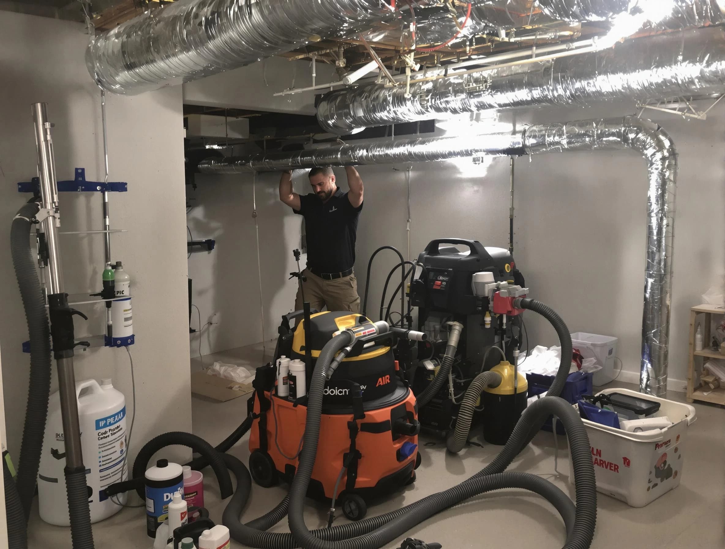 The Pinery Air Duct Cleaning specialist performing professional mold removal from air ducts using safety equipment in The Pinery