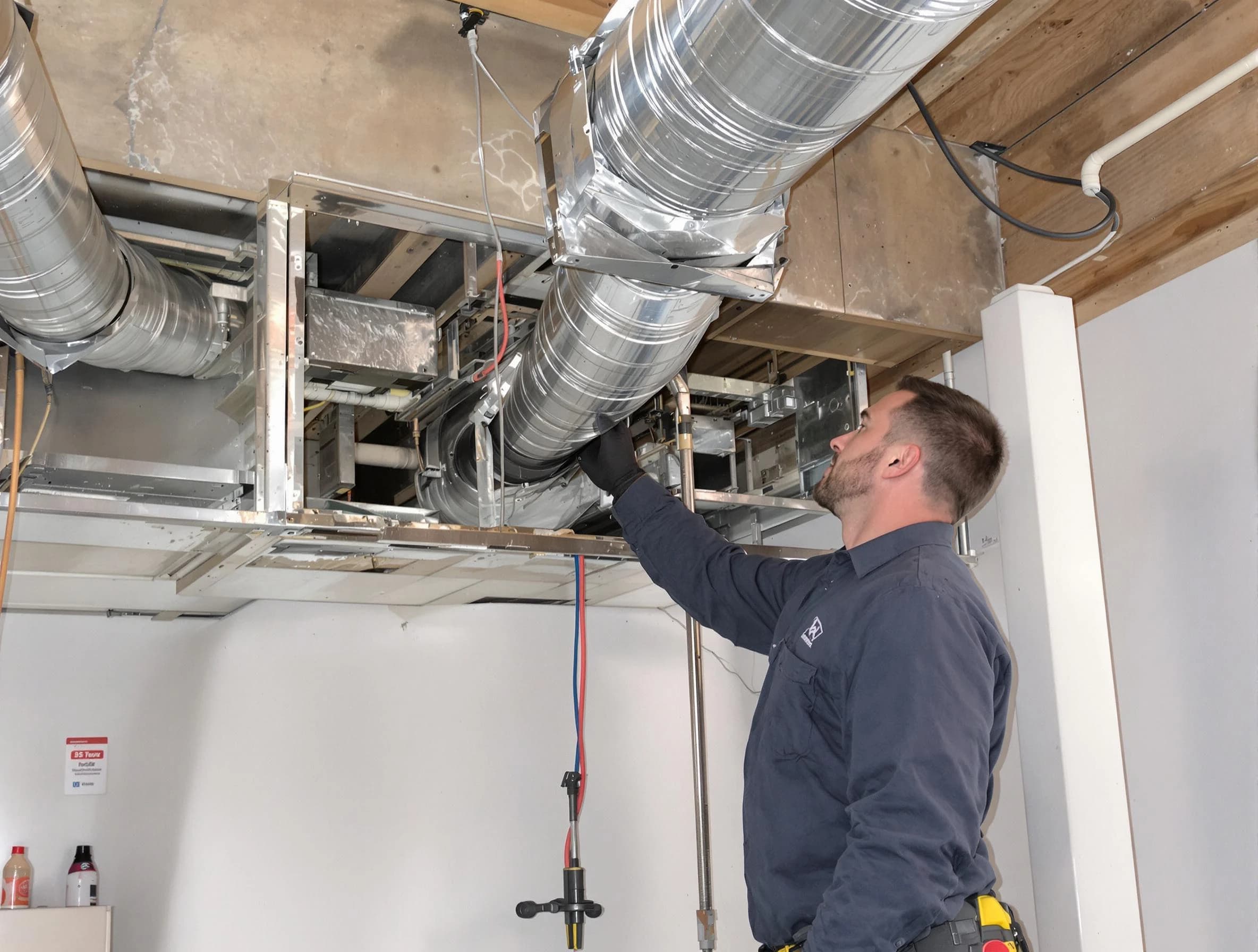 The Pinery Air Duct Cleaning technician performing professional air duct repair using specialized tools in The Pinery